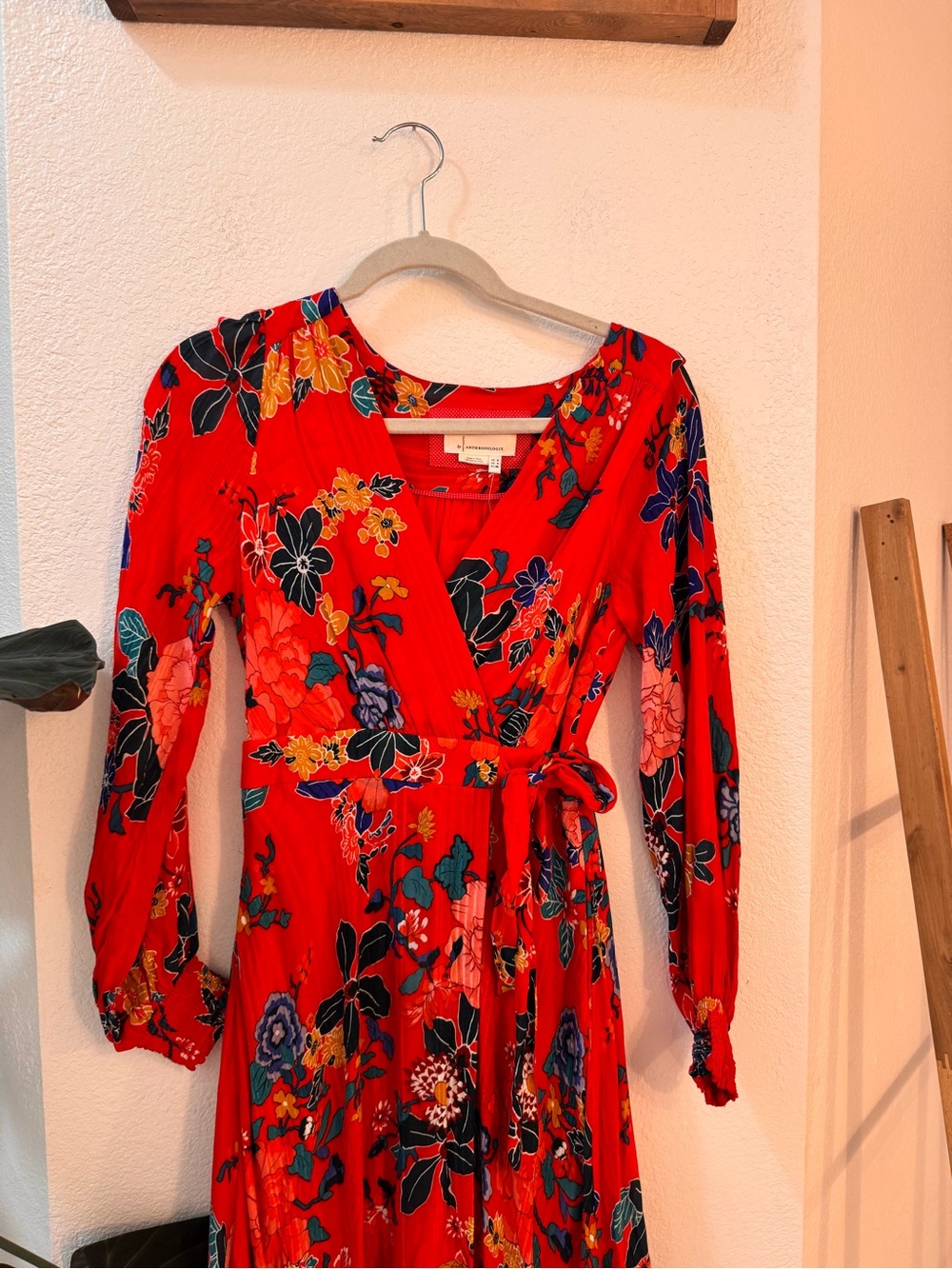 NWT Anthropologie Red Floral Wrap Midi Dress W/Tie Waist Long Sleeve Bohemian - Picture 4 of 13